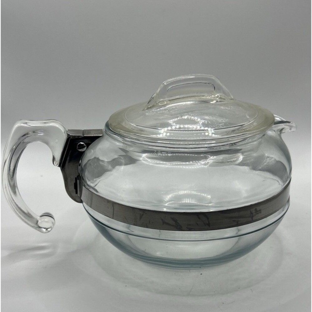 Vintage MCM Pyrex USA Flameware Glass Teapot With Lid & Metal Band, 6 Cup 8126B
